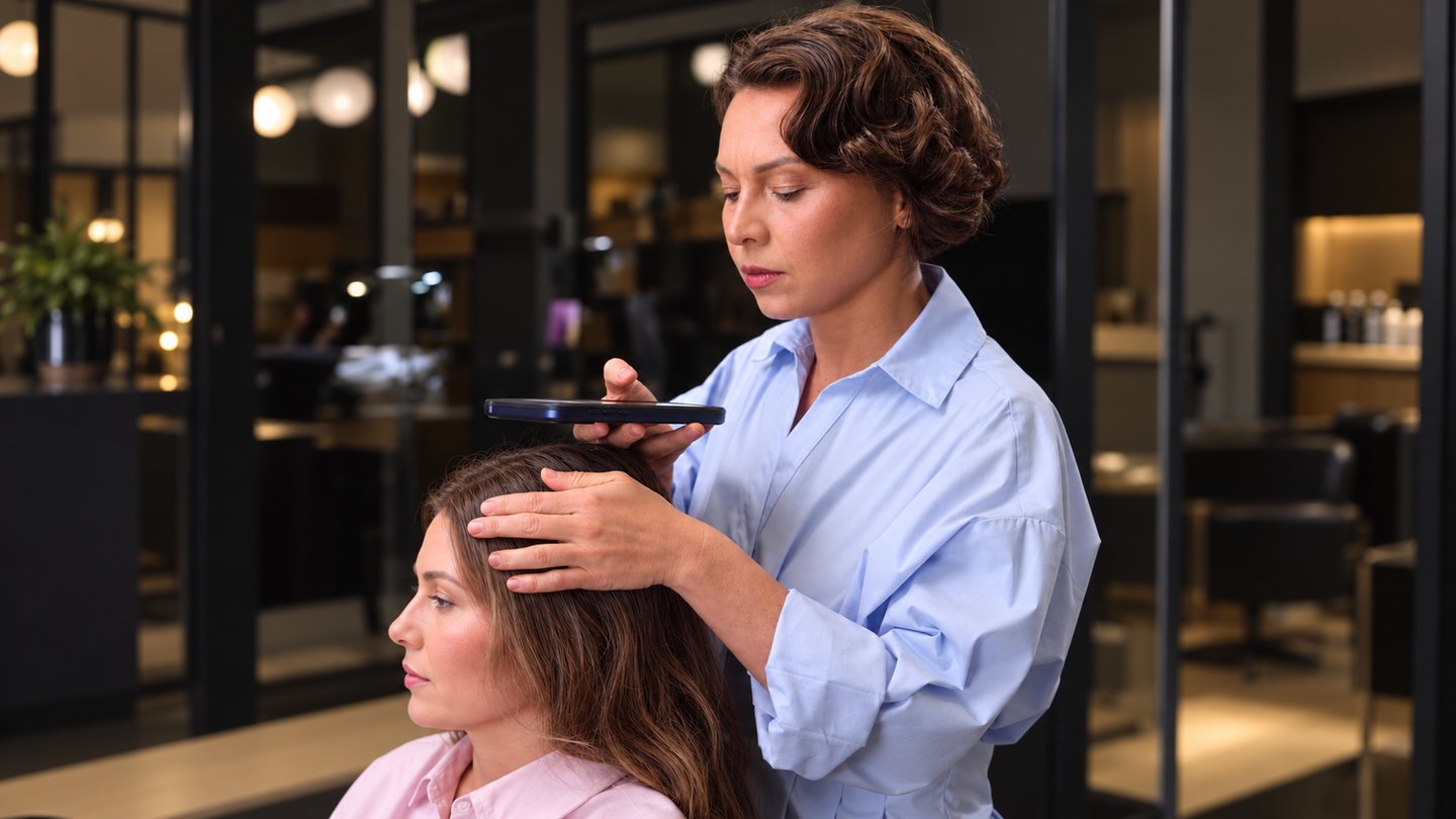 Natallia Jolliet examine les cheveux d’une cliente installée dans le fauteuil, un téléphone à la main