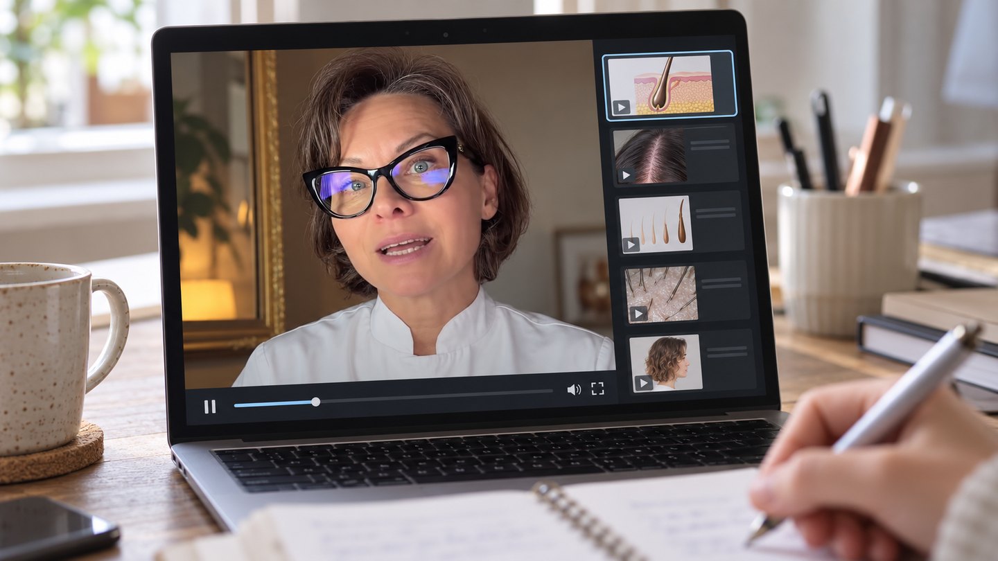 Une leçon vidéo de la formation sur un ordinateur portable, pendant qu’une élève prend des notes