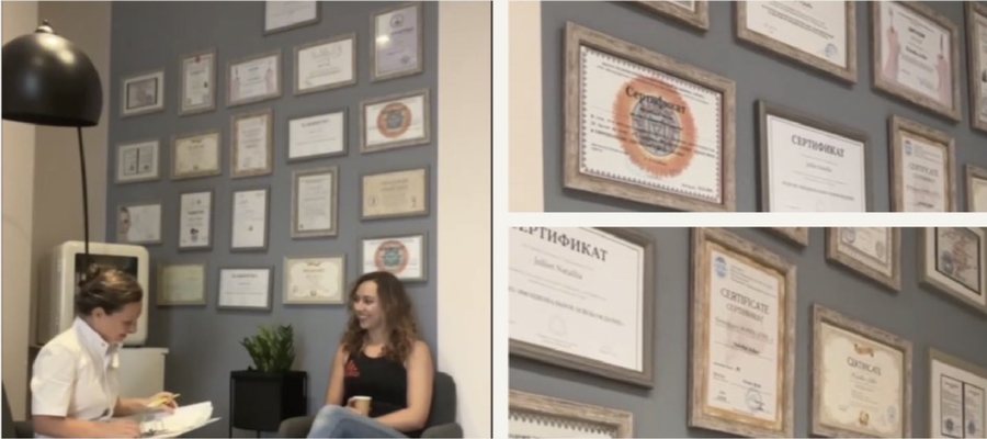 Natallia en consultation dans son cabinet, ses diplômes au mur