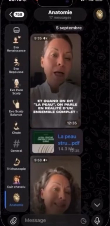 Le groupe Telegram de la formation sur un téléphone : la rubrique Anatomie, avec des leçons en vidéo et un document à télécharger